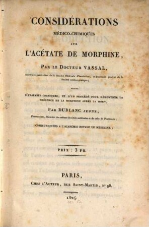 Considérations medico-chimiques sur l'acétate de morphine