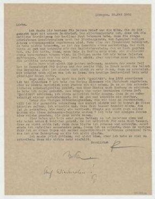 Brief von Raoul Hausmann an Elfriede Hausmann. Limoges