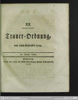 XX. Trauer-Ordnung, vom 12ten September 1749.
