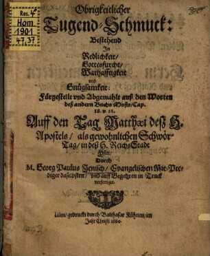 Obrigkeitlicher Tugend-Schmuck ... : fürgestellt ... auß d. Wort / Mos. 18,21