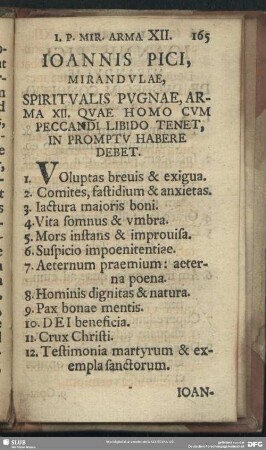 Ioannis Pici, Mirandulae, Spiritualis Pugnae, Arma XII. Quae Homo Cum Peccandi, Libido Tenet, In Promptu Habere Debet