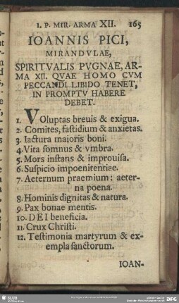 Ioannis Pici, Mirandulae, Spiritualis Pugnae, Arma XII. Quae Homo Cum Peccandi, Libido Tenet, In Promptu Habere Debet