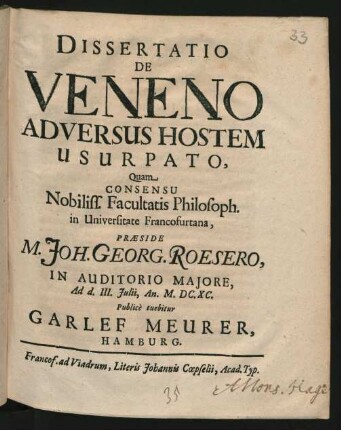 Dissertatio De Veneno Adversus Hostem Usurpato