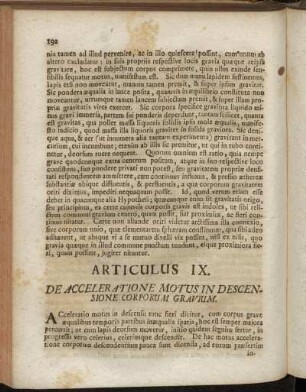 Articulus IX. De Acceleratione Motus In Descensione Corporum Gravium.