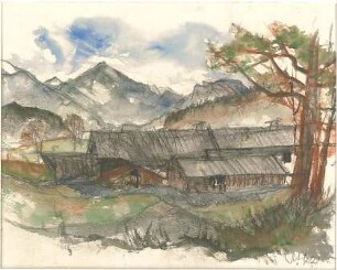 Gsaenger, Gustav; Landschafts - und Gebäudestudien - Häusergruppe, im Hintergrund Berglandschaft (Studie)
