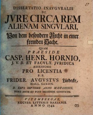 Exercitatio inaug. de iure circa rem alienam singulari