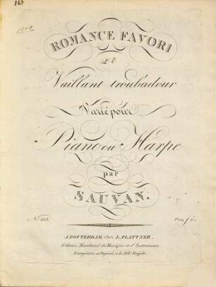 Romance favori Le vaillant troubadour : varié pour piano ou harpe