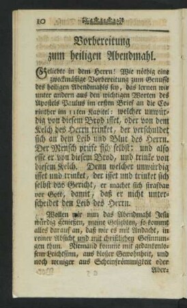Vorbereitung zum heiligen Abendmahl