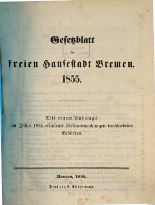 Gesetzblatt der Freien Hansestadt Bremen. 1855. - 1856