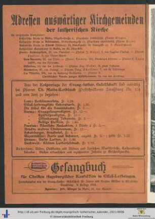 Adressen auswärtiger Kirchgemeinden.