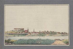 Stadtansicht von Pirna mit der Marienkirche und dem Sonnenstein, Blick über die Elbe aus nördlicher Richtung
