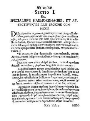 Sectio I. De Specialibvs Haemorrhagiis, Et Affectibvs, Cvm Illis Proxime Connexis.
