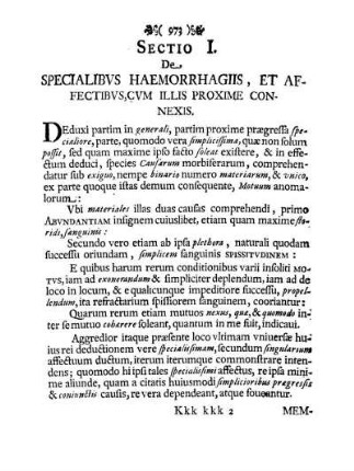 Sectio I. De Specialibvs Haemorrhagiis, Et Affectibvs, Cvm Illis Proxime Connexis.