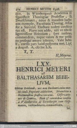 LXX. Henrici Meyeri ad Balthasarem Bebelium