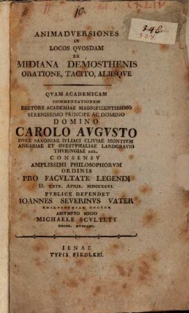 Animadversiones in locos quosdam ex midiana Demosthenis oratione, Tacito aliisque