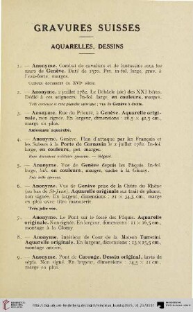 Gravures suisses: Aquarelles, dessins (Nr. 1-442)