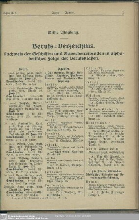 3. Berufsklassen und Gewerbebetriebe : Dritte Abteilung. Berufs-Verzeichnis