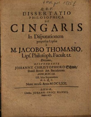Dissertatio Philosophica De Cingaris