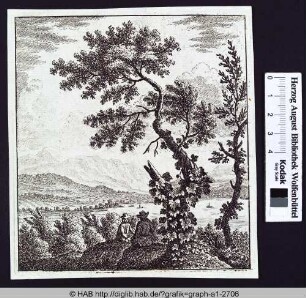 Landschaft mit See und Bergen.