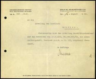 Schreiben; AIDR an DAI Athen (Quittungsheft)