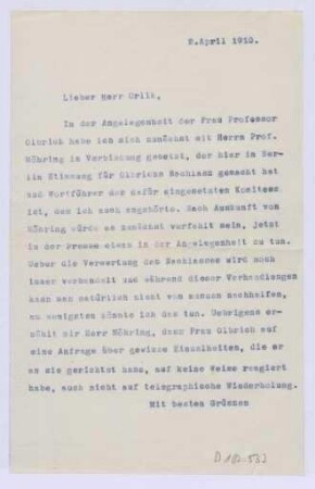 Schreiben an Emil Orlik (Brief)