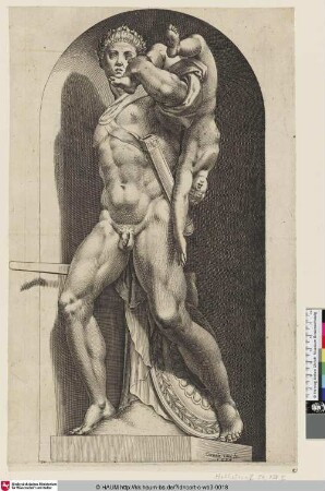 [Krieger, ein totes Kind tragend; Warrior carrying the body of a dead boy; Un homme arme portant sur l'epaule un jeune garcon mort]