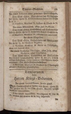 Titulaturen derer Herren Kriegs-Bedienten.