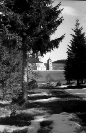 Breitnau: Durchblick auf die Kirche vom unteren Wald heraus