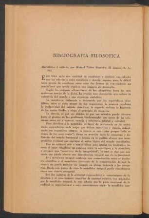 Bibliografía filosófica : Metafísica y ciencia, por Manuel Núñez Regueiro