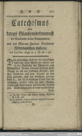Catechismus oder kurzes Glaubensbekennniß der Waldenser in den Niederlanden