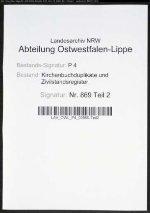 Kirchenbuchduplikate der katholischen Gemeinde (GHT 1865). (Gemeinde: Bochum, katholische Gemeinde Stadt und Land (getrennt))