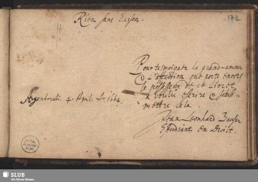 Stammbucheintrag von Johann Leonhard Bauser. Straßburg, 4. April 1664