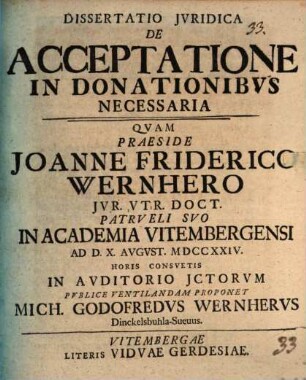 Dissertatio Jvridica De Acceptatione In Donationibvs Necessaria
