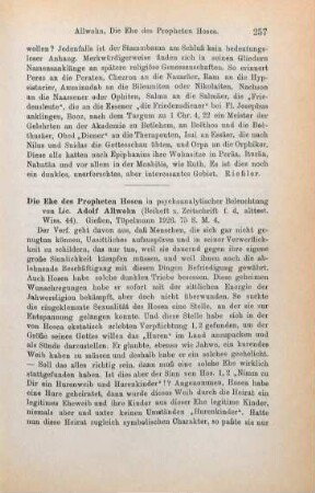257-258 [Rezension] Allwohn, Adolf, Die Ehe des Propheten Hosea in psychoanalytischer Beleuchtung