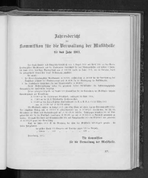 Jahresbericht der Kommission für die Verwaltung der Musikhalle für das Jahr 1911.