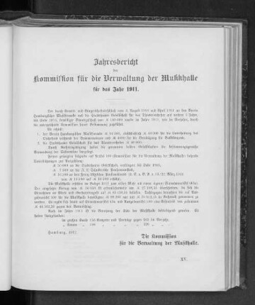 Jahresbericht der Kommission für die Verwaltung der Musikhalle für das Jahr 1911.