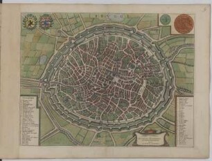 Stadtplan von Brügge, kolorierter Kupferstich, 1649 : Brugge / D. D. D. Antonius Sanderus. - [Amsterdam] : [Joan Blaeu], 1649. - 1 Kt. : Kupferstich. ; 49,0 x 37,5 cm. - Mit 2 Wappen. - Warscheinlich aus: Novum Ac Magnum Theatrum Urbium Belgicae Foederatae. [Teil 2] : Ad praesentis temporis faciem expressum / a Ioanne Blaeu ; 62