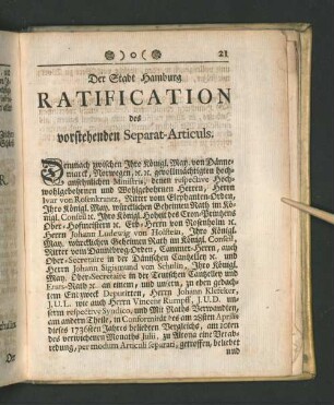 Der Stadt Hamburg Ratification des vorstehenden Separat-Articuls.