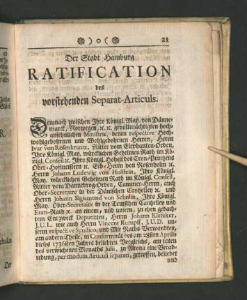 Der Stadt Hamburg Ratification des vorstehenden Separat-Articuls.