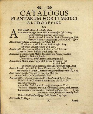 Florae Altdorffinae Deliciae Hortenses, Sive Catalogvs Plantarvm Horti Medici