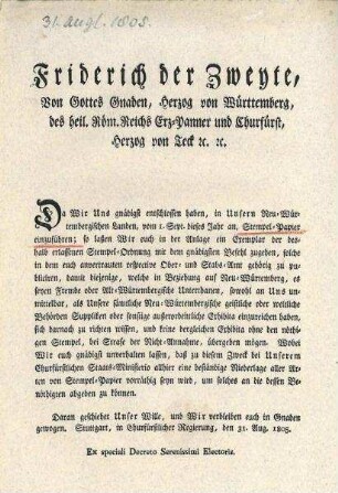 Mandat von Herzog Friedrich II zur Einführung von Stempelpapier in den Neuwürttembergischen Landen