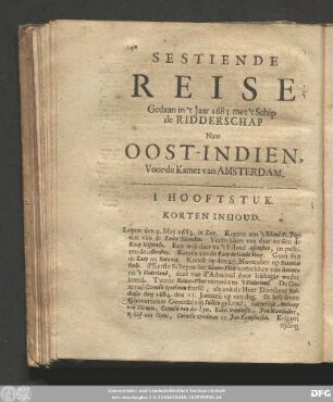 Sestiende Reise Gedaan in 't Jaar 1683. met 't Schip de Ridderschap Naar Oost-Indien, Voor de Kamer van Amsterdam.