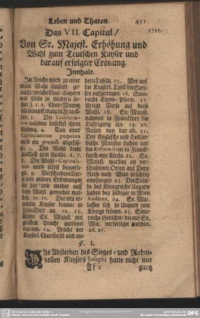 Das VII. Capitul, Von Sr. Majest. Erhöhung und Wahl zum Teutschen Kayser und darauf erfolgter Crönung