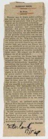 Hannah Höch. De Bron [Het Vaderland, 's-Gravenhage]. Rezension der Ausstellung von Hannah Höch in der Galerie De Bron, Den Haag, 11. Mai - 7. Juni 1929