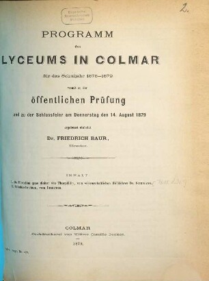 Programm des Lyceums in Colmar : für das Schuljahr ..., 1878/79