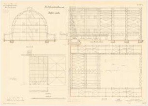 Kaserne für das Luftschiffer-Bataillon, Berlin-Jungfernheide: Ballon-Halle: Grundriss Querschnitt Längsschnitt Detail Schiebetor 1:100