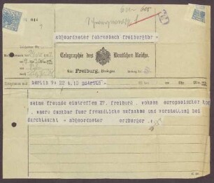 Telegramm von Matthias Erzberger an Constantin Fehrenbach, Besuch in Freiburg am 27.10.1917