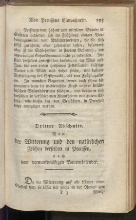 Dritter Abschnitt. Von der Witterung und den natürlichen Zeichen derselben in Preussen, nach dem vernunftmäßigen Bauernkalender