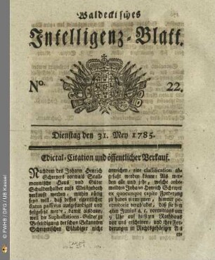 No. 22, Dienstag den 31. Mey 1785