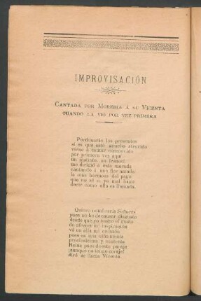 Improvisación : Cantada por Moreira á su Vicenta cuando la vió por vez primera